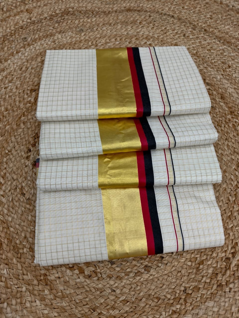 Kokilam Heritage: Red & Black Border Check Cotton Saree — Cotton fabric — Sarees — from Kerala — buy online India