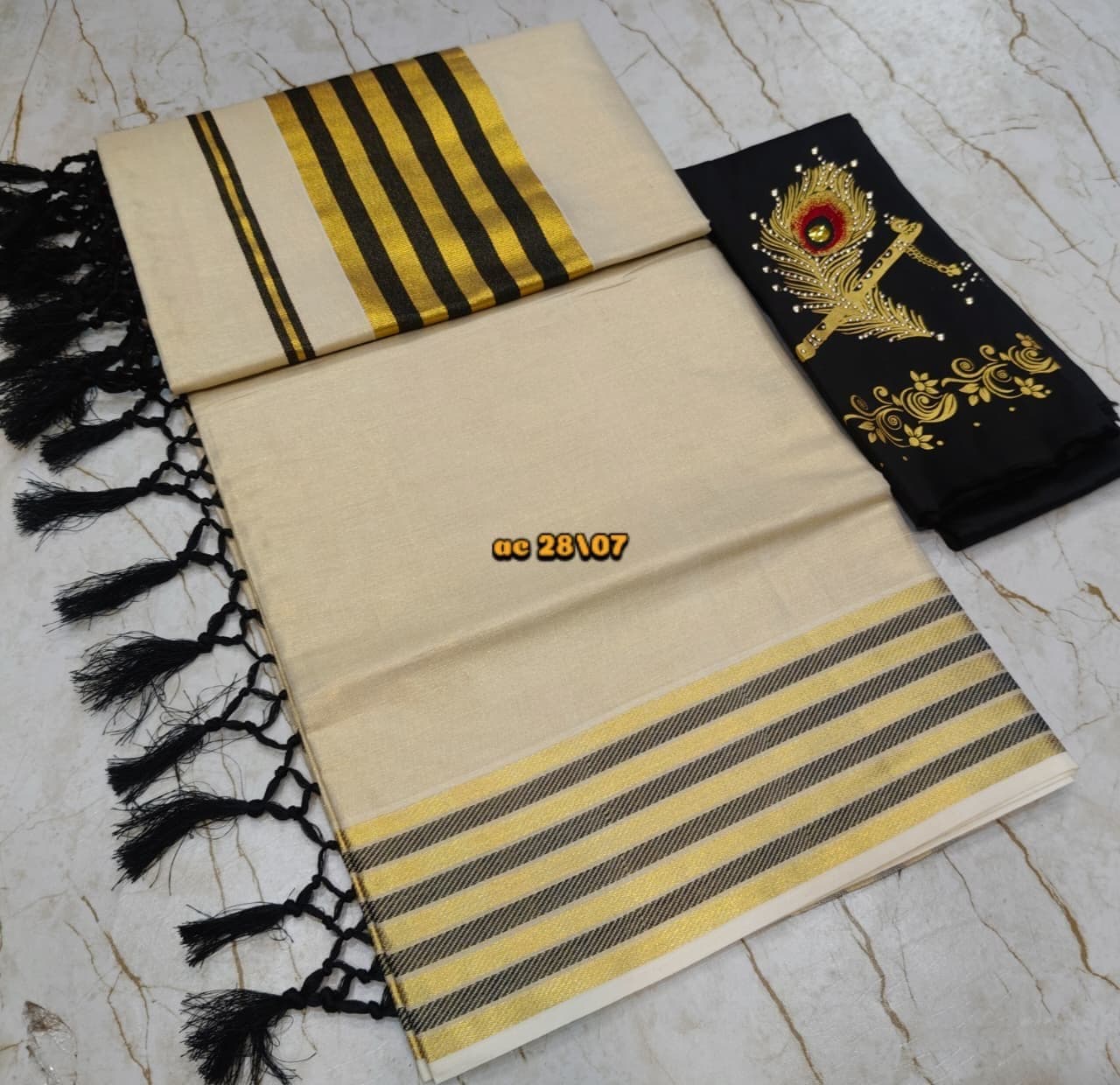 Premium Golden Tissue Saree with Fancy Kunjalam & 5x5 Border — Tissue Cotton fabric — Sarees — from Kerala Kuthampully — buy online India
